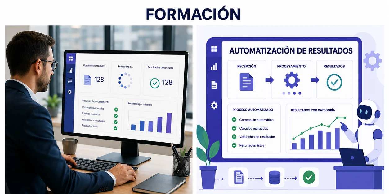 Profesional recibiendo resultados organizados mediante una automatización responsable.
