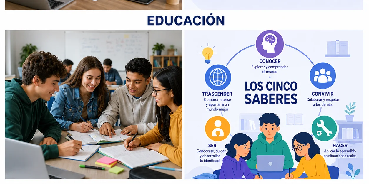 Estudiante avanzando por cinco dimensiones conectadas del aprendizaje.