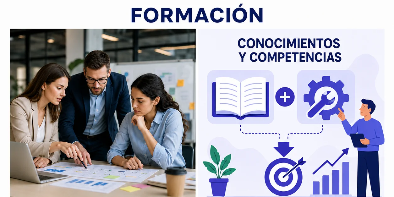 Profesional conectando conocimientos teóricos con competencias aplicadas al trabajo.