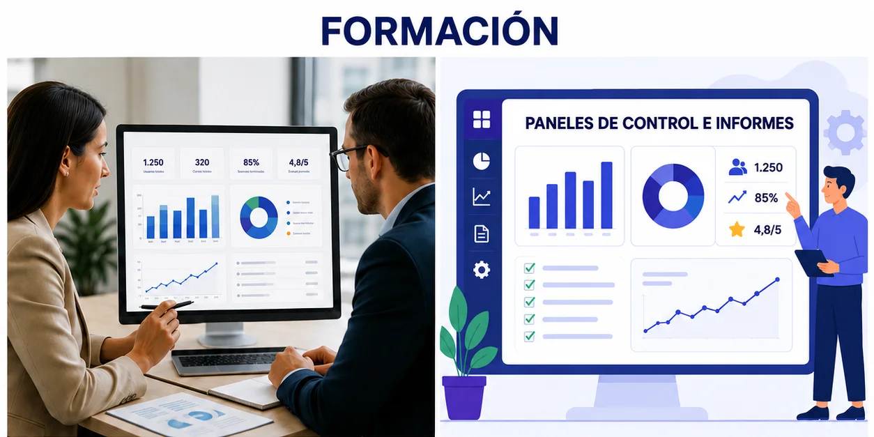 Analista de formación interpretando paneles e informes para orientar decisiones.