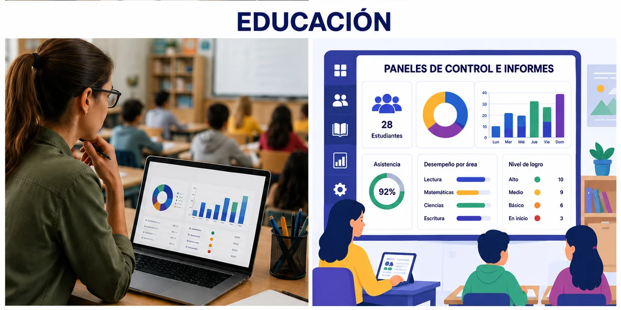 Dirección académica revisando gráficos de aprendizaje con evidencia institucional.