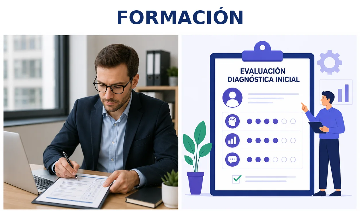 Profesional de formación realizando una evaluación diagnóstica inicial en su ordenador.