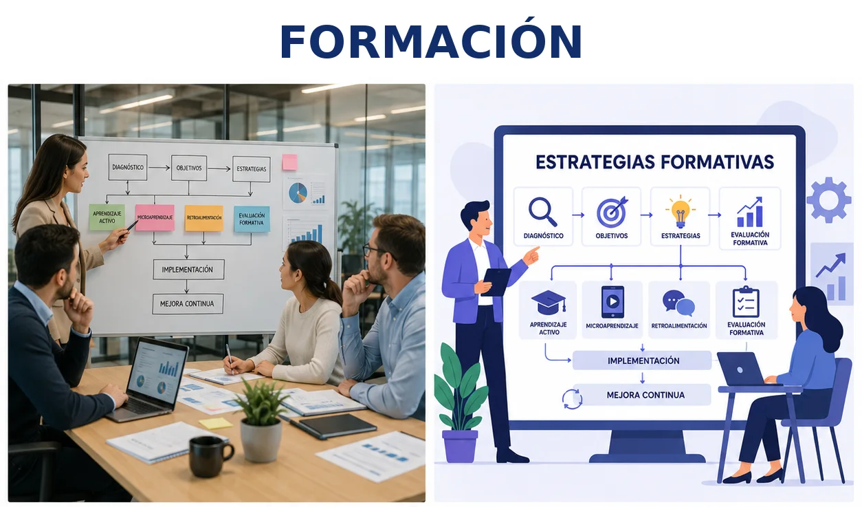 Profesional recorriendo un ciclo de objetivos, práctica, evaluación y reflexión.