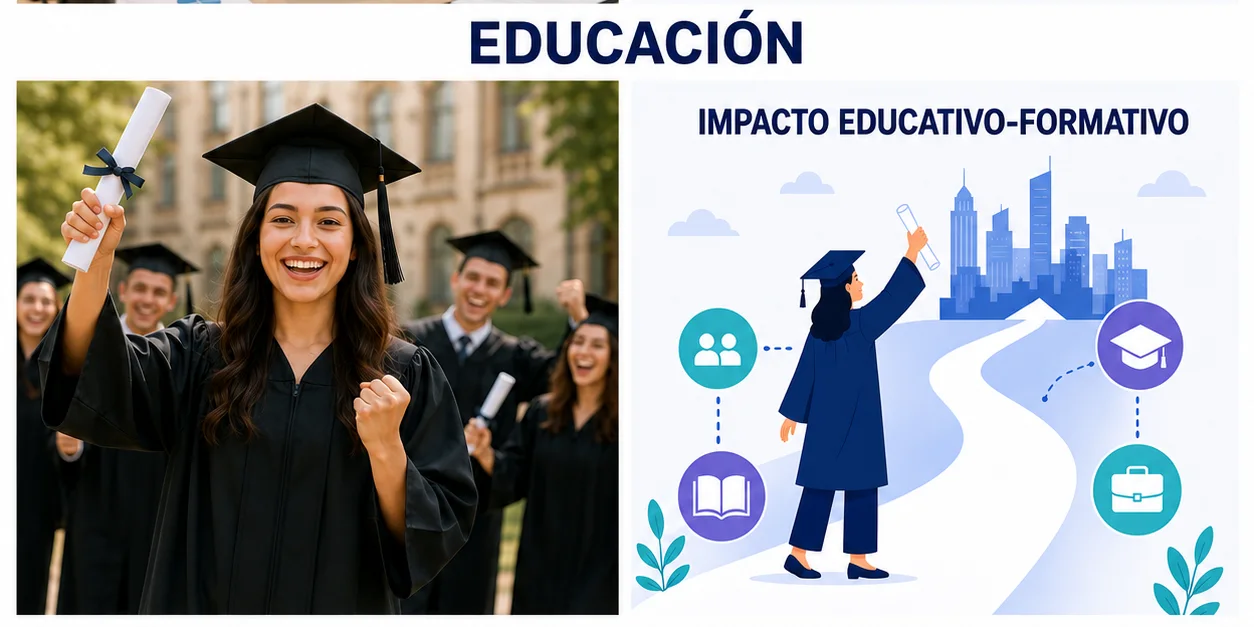 Estudiantes y educadores representando una transformación educativa sostenible.