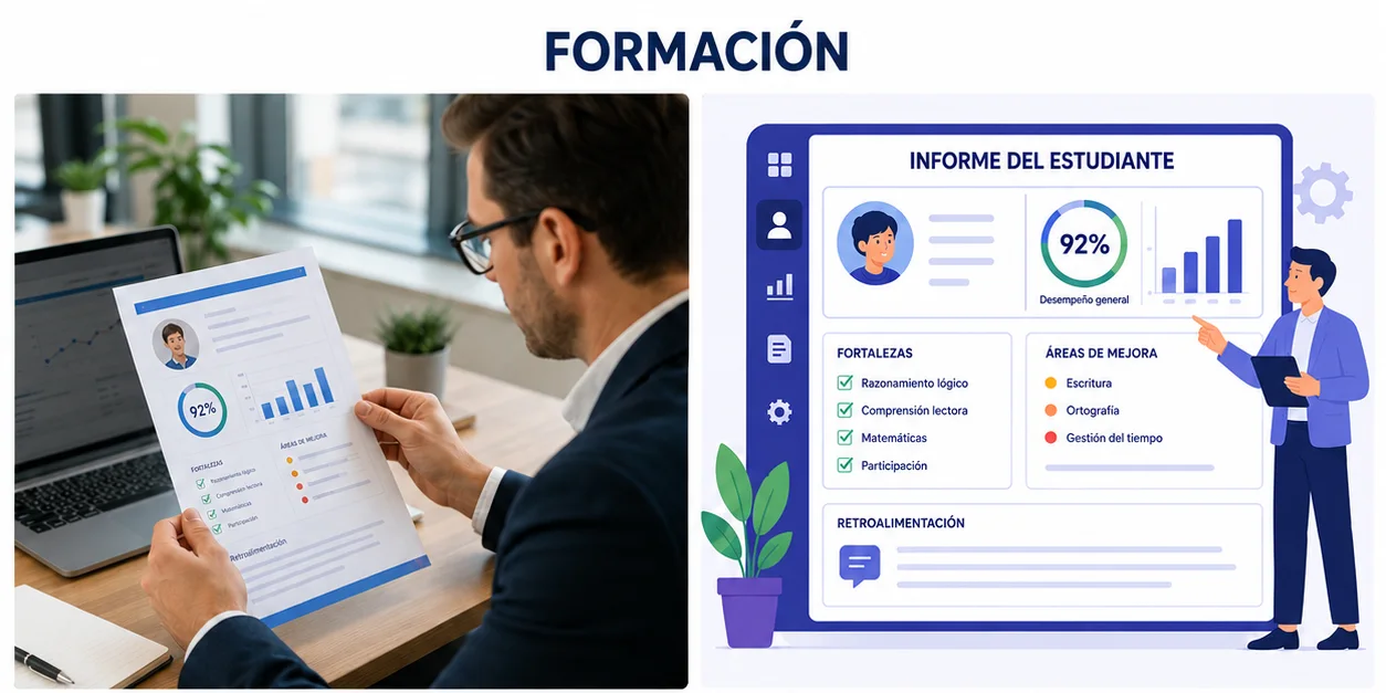 Profesional y mentor revisando un informe individual de aprendizaje y próximos pasos.