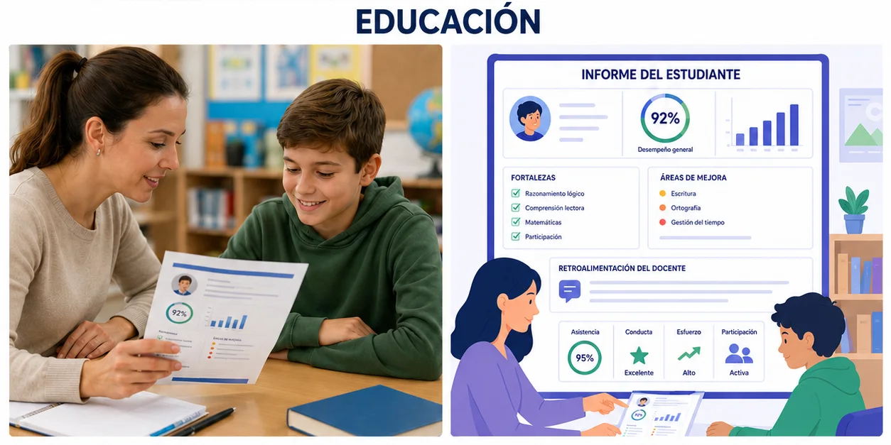 Estudiante y tutor interpretando juntos un informe personal de aprendizaje.