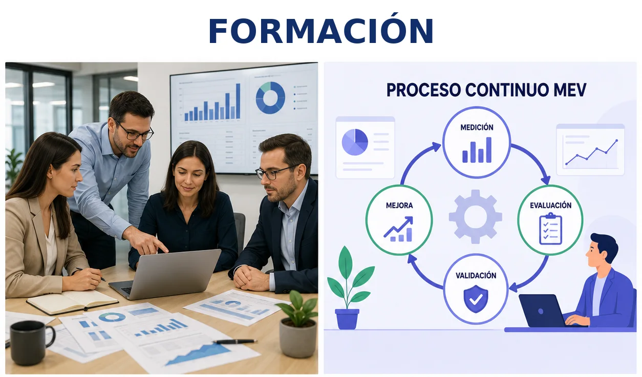 Especialista revisando un ciclo continuo de medición, evaluación y validación.