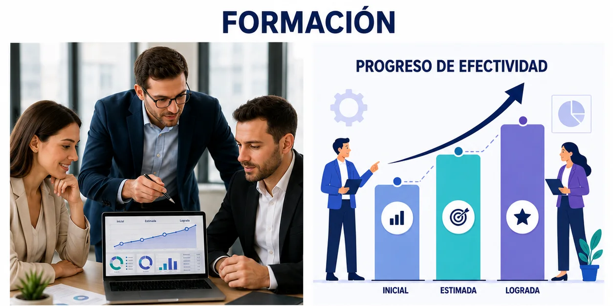 Profesional analizando la evolución de la efectividad de un programa formativo.