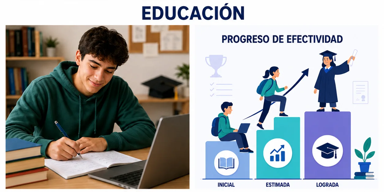 Estudiante recorriendo hitos de progreso con acompañamiento docente.