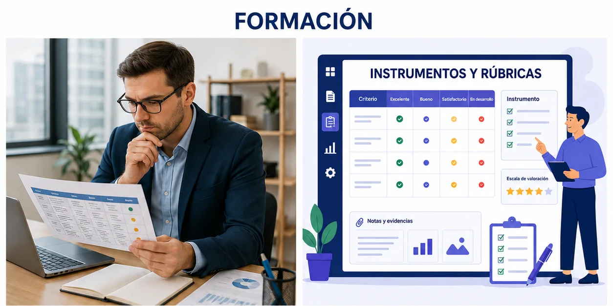 Formadora observando una tarea profesional con criterios de una rúbrica digital.