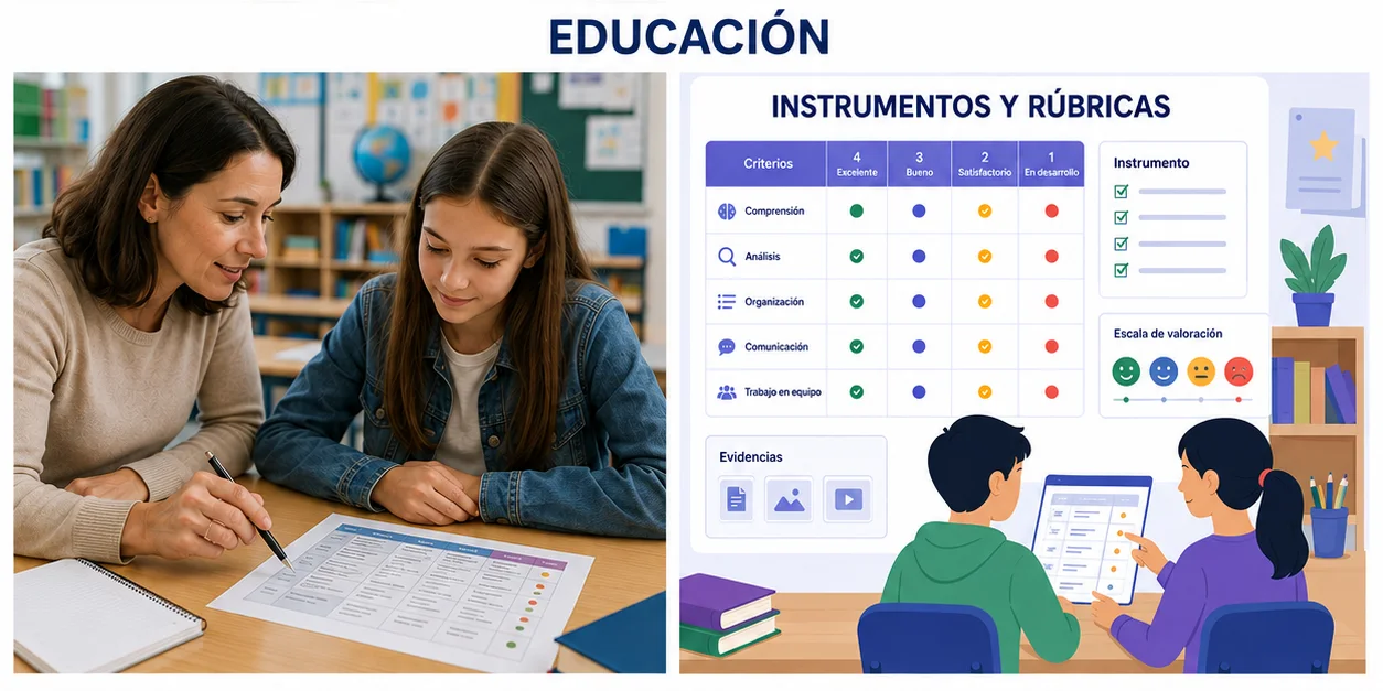 Docente y estudiante revisando un proyecto con una rúbrica transparente.