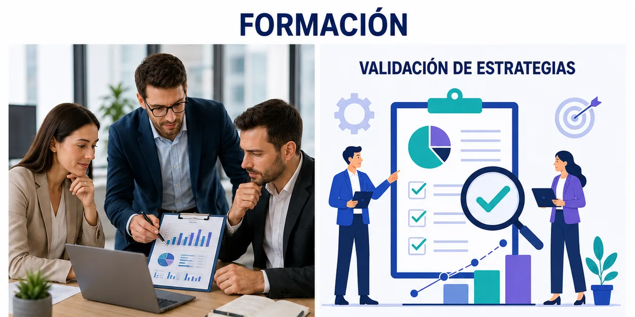 Especialista comprobando en varios dispositivos la validez de una estrategia formativa.